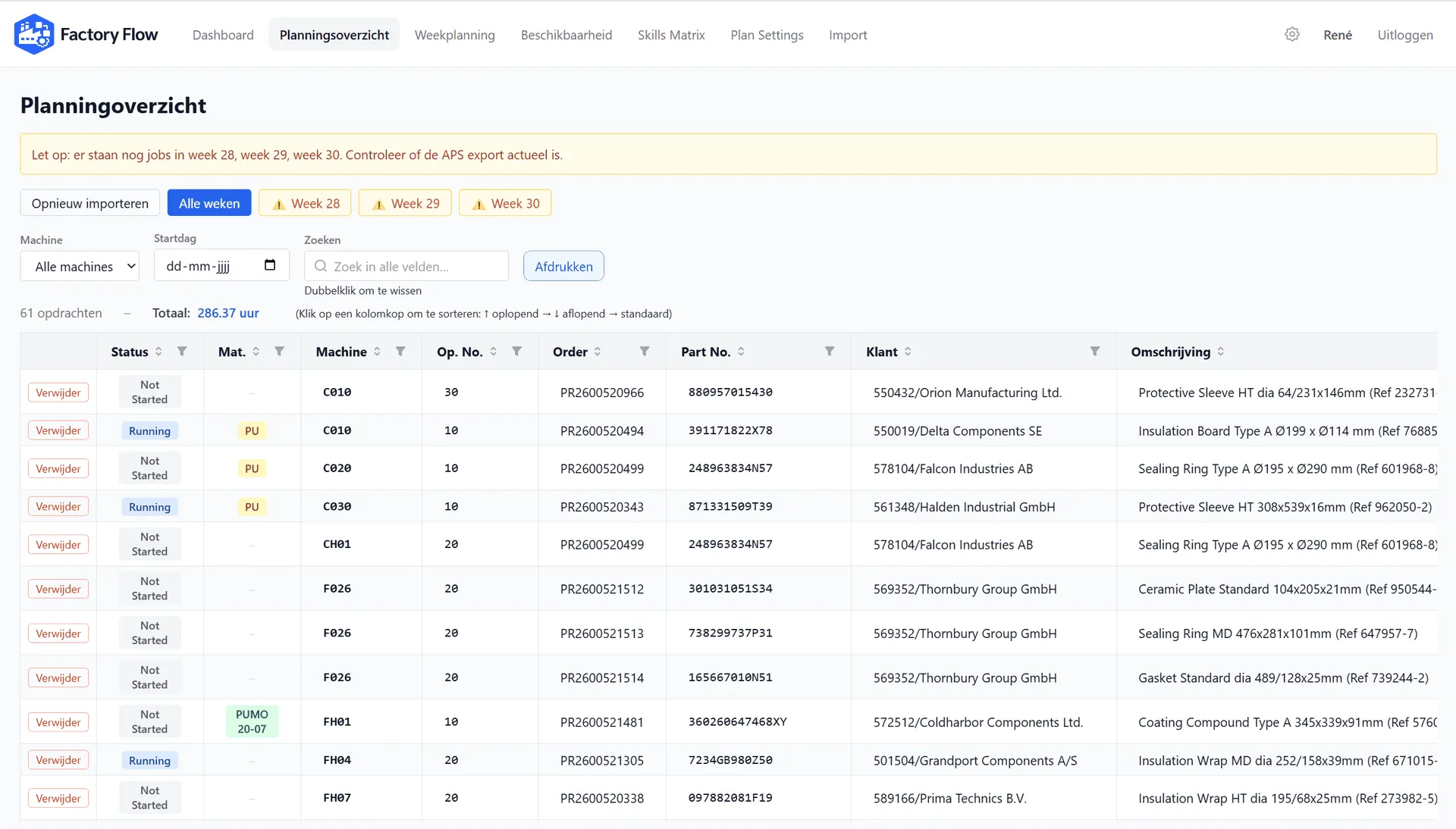 Planningoverzicht in Factory Flow
