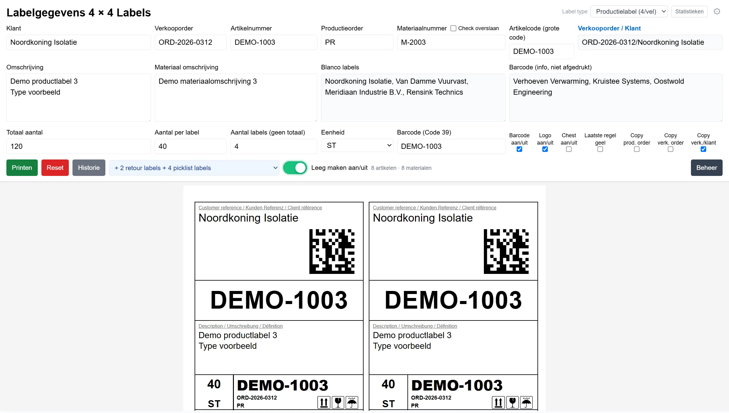 Invoerscherm van Label Flow
